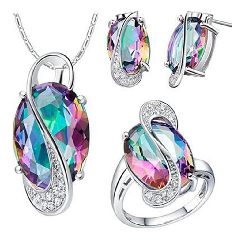 

Blucome Mrico Paved Zircon Colorful Jewelry Sets For Women Girls Silver color Wedding Bridal Pendant Necklace Earring Ring Set