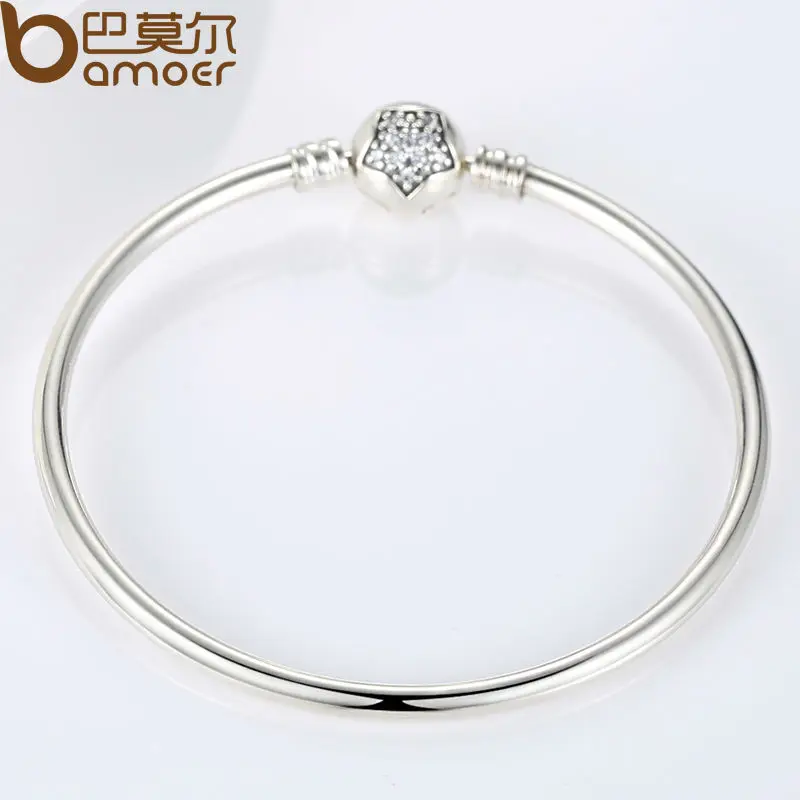 BAMOER Authentic 925 Sterling Silver Snake Chain Bangle& Bracelet Pave Star Cubic Zirconia CZ Jewelry PAB001