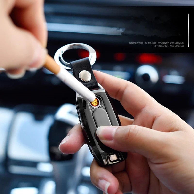 Новая Металлическая перезаряжаемая Электронная зажигалка USB брелок для ключей с зажигалкой сигарета турбо Зажигалка Кожаная цепочка для ключей сигары Palsma