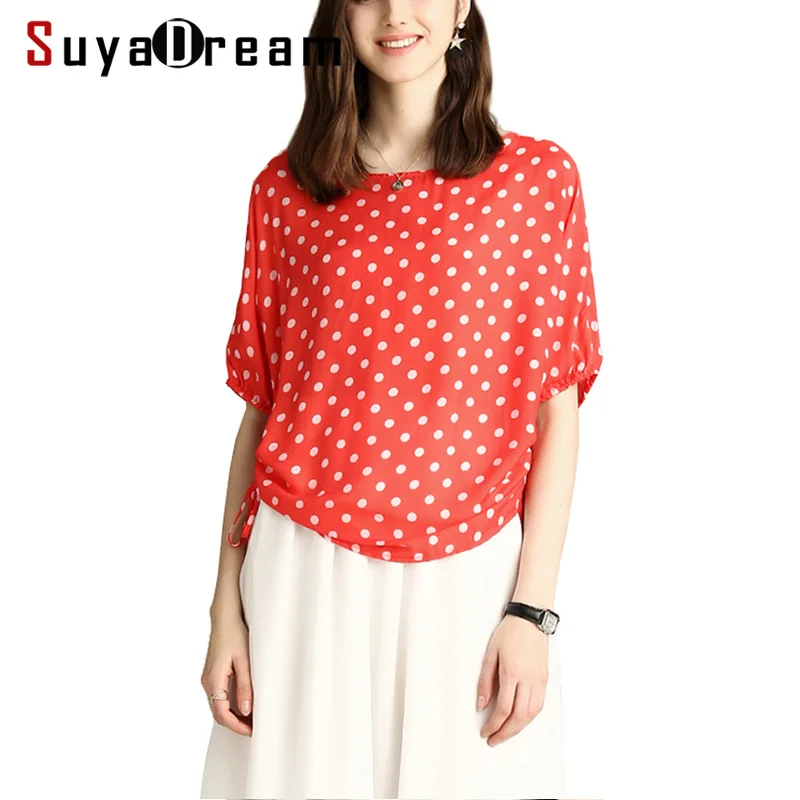 Женская футболка 50% натуральный шелк хлопок красный узор в горошек с круглым