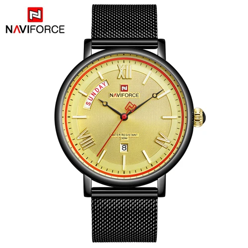 NAVIFORCE новые модные роскошные мужские кварцевые часы для мужчин с сетчатым ремешком из нержавеющей стали водонепроницаемые наручные часы Relogio Masculino - Цвет: Black Gold