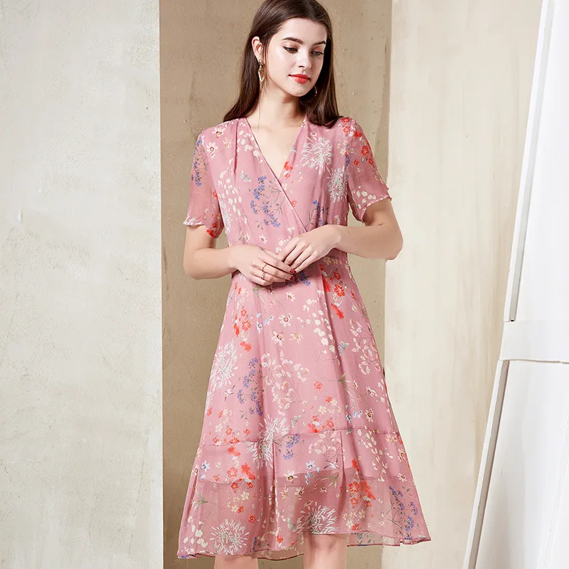 Printing Of High-end V-collar Short-sleeved 100% Silk Dress In Summer