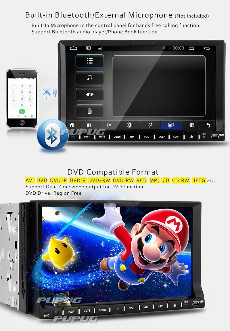 Pupug 2Din автомобильный DVD 7 дюймов емкостный сенсорный экран поддержка CD чистый