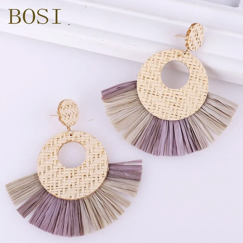 Серьги из ротанга ручной работы с кисточками для женщин богемные круглые висячие