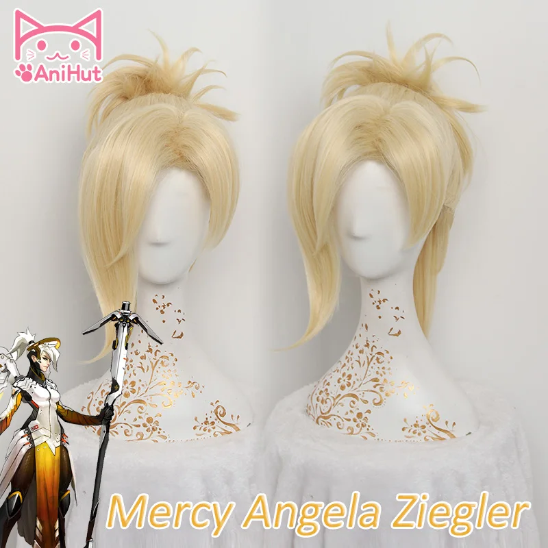 [Anihut】ow Mercy парик для женщин 35 см/13 78 дюйма блондинка термостойкая игра волос OW