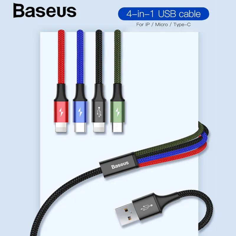 Baseus 4 в 1 USB кабель мульти зарядное устройство кабель для iPhone Xs Max XR 8 7 samsung Galaxy S9 S8 для Micro usb type C зарядное устройство Шнур для передачи данных