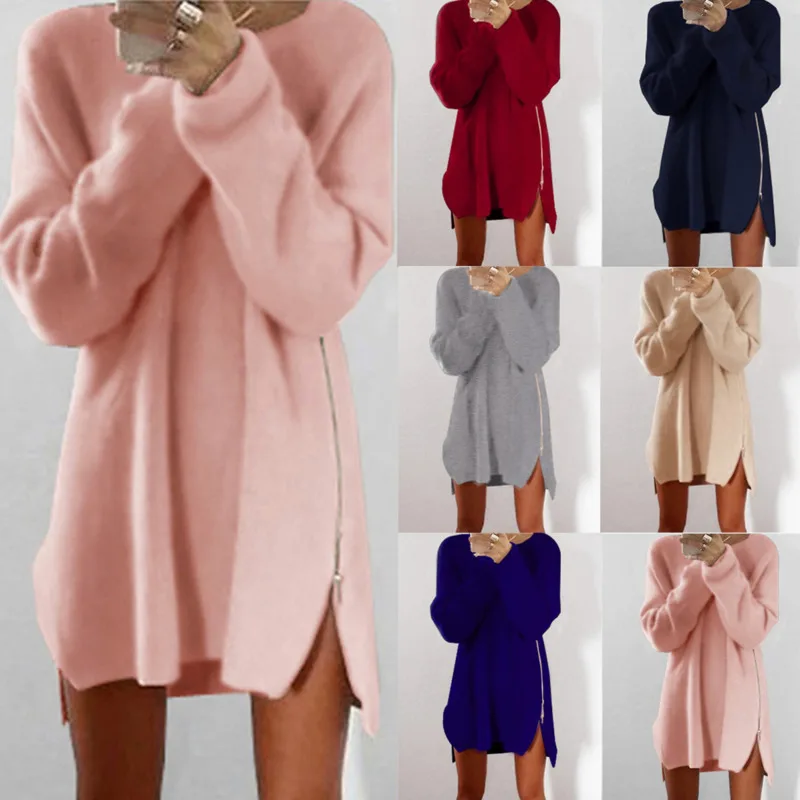 2018 Long Sleeve Sweater Dress O Neck Casual Side Zipper Irregular Hem Winter Clothes Women Loose Pullover Kardigany Damskie Wy* | Женская