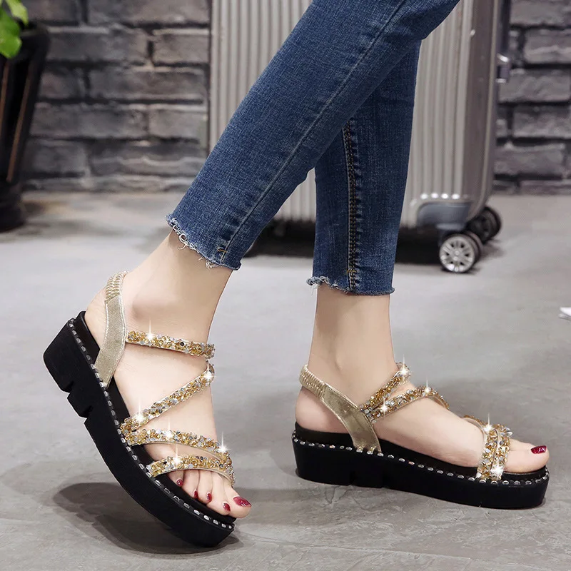 

2019 Summer New Sandals Fashion Female Sequins Thick-soled Non-slip Sandals Roman Sandals Female Students