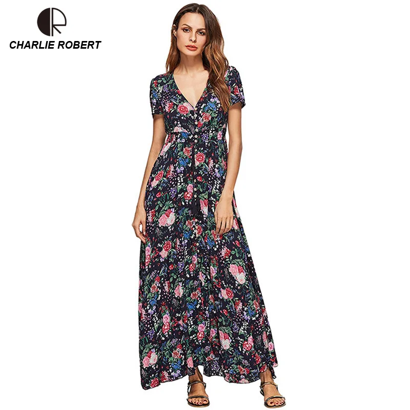 

CR 2019 Summer Long Dress Sexy Chiffon Plus Size Deep V-neck Button Ankle-length Print Beach Dress Party Dresses Free Shipping