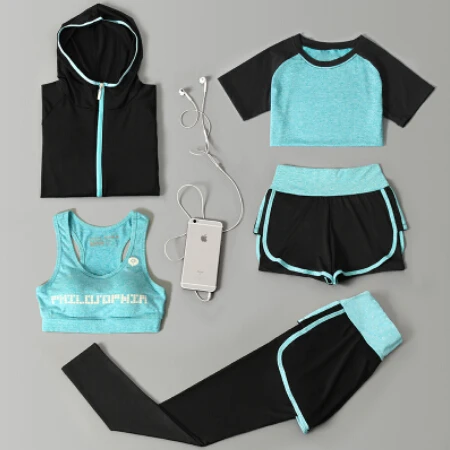 5 piece set 12 Женская Спортивная одежда для улицы, комплект из 5 предметов, футболка с длинным рукавом+ сексуальный бюстгальтер+ шорты+ штаны+ пальто, быстросохнущая одежда для йоги, женская одежда для фитнеса, спортзала - Цвет: 5 piece set 12