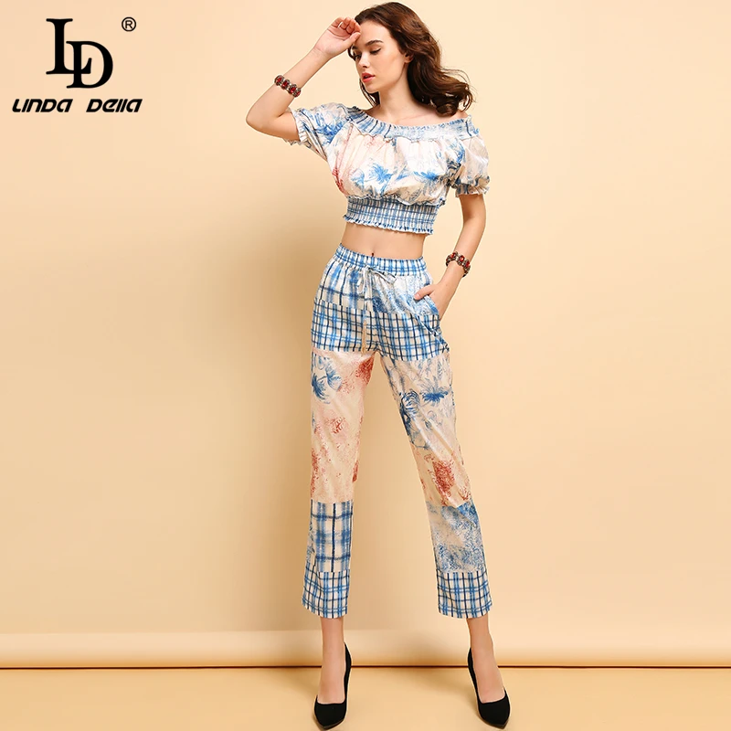 LD LINDA DELLA Fashion Summer Suits Women's Casual lantern Sleeve Elastica Tops+Elegant Floral Printed Long Pants 2 Pieces Set