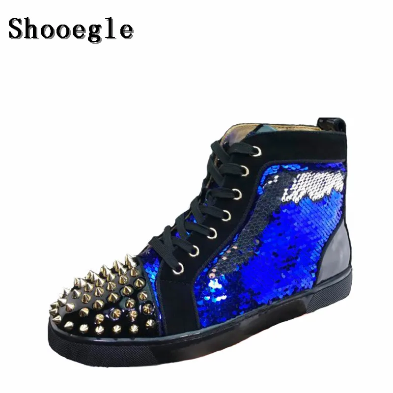 SHOOEGLE/Новинка Мужская обувь с заклепками и блестками Модные мужские кроссовки