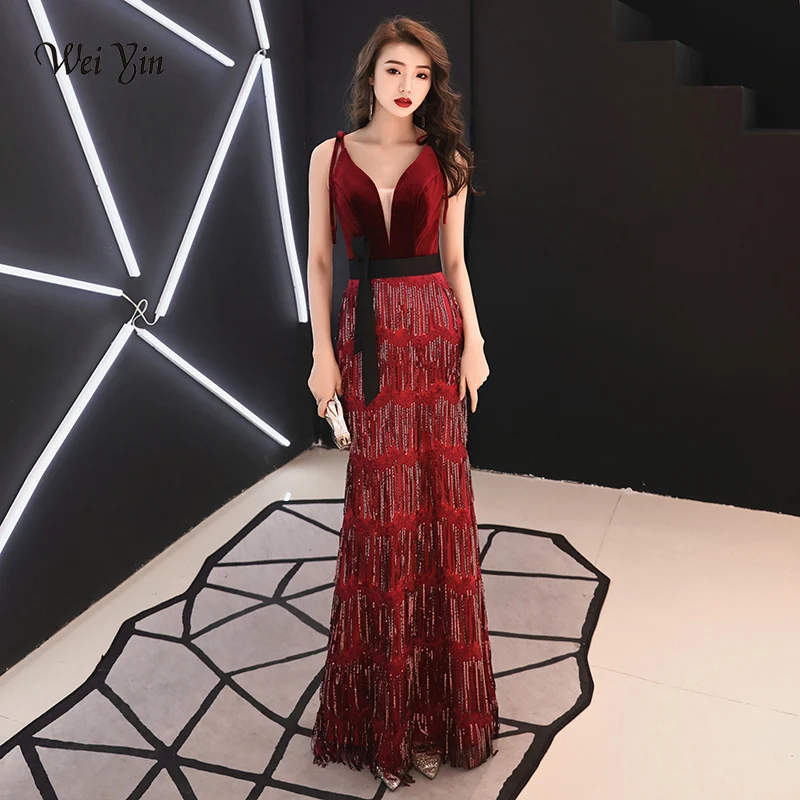 Вечернее платье weiyin De Soiree 2019 новые бордовые Стразы с кисточками сексуальное