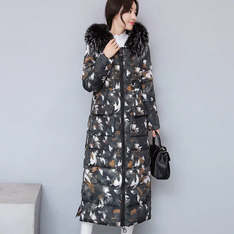 Winter Jacket Women Camouflage Maxi Coats Hooded Over Knee Long Parka Chaqueta Mujer Fur Collar Coat C3741 | Женская одежда