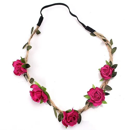 rose red M MISM Boho Floral Headband For Women Hair Accessories New Wreath Headbands Kids Girls Rose Flowers Hair Bands Garland - Цвет: rose red