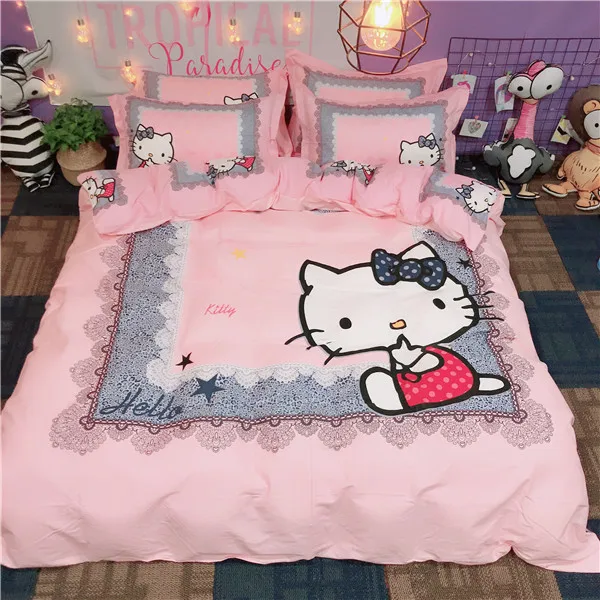 style5 Набор постельного белья из хлопка с рисунком hello kitty, пододеяльник, простыня, наволочка, мягкий, розовый, белый, клубника, король, королева, размер, Комплект постельного белья - Цвет: style5