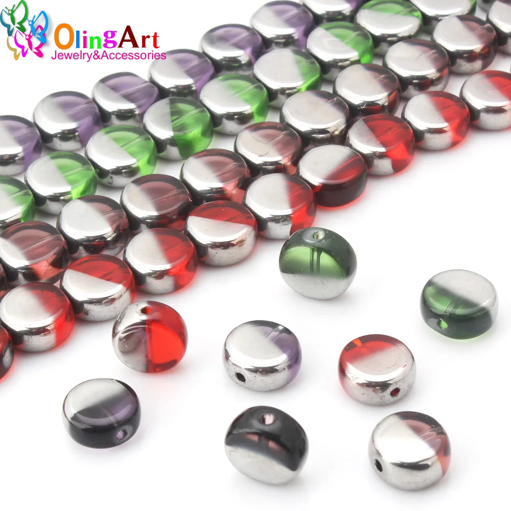 

OlingArt 12MM 8pcs Glass crystal half Metal plating Mixed colors Flat round shape beads DIY necklace Bracelet jewelry making
