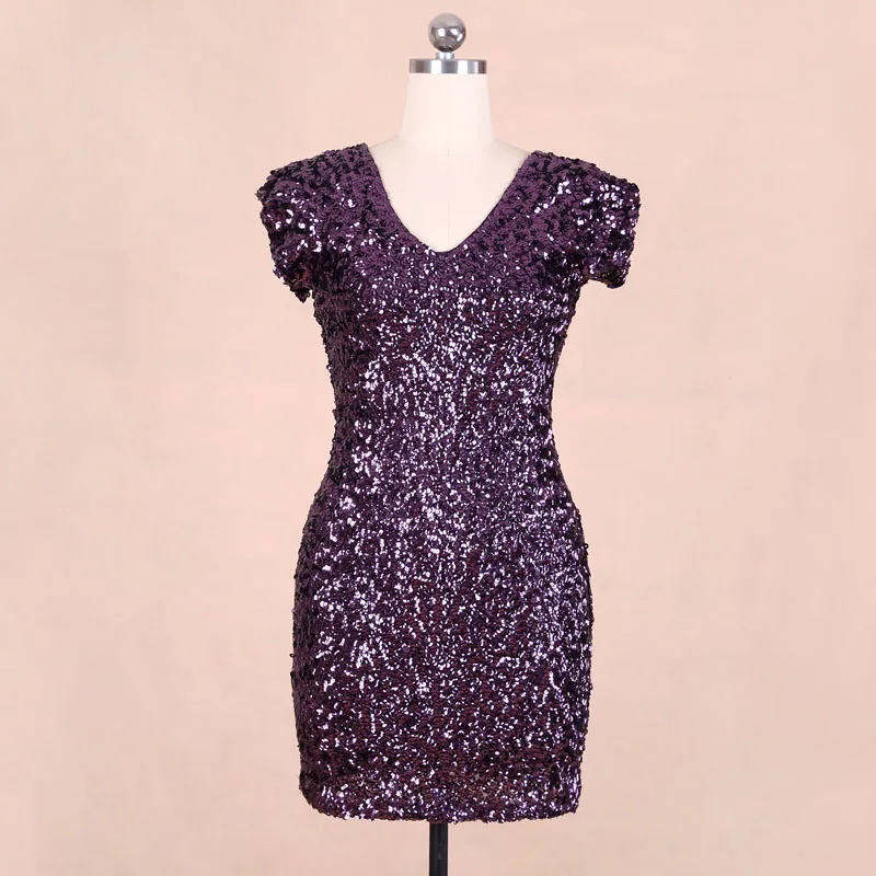 BLINGSTORY с коротким рукавом блесток женщин vestidos клуб европейский стиль блеск платье Вечеринка KR3022 - Цвет: Фиолетовый