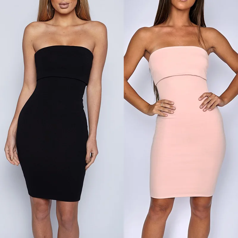 Вечерние платья женские черные без бретелек Сексуальные облегающие миди летние