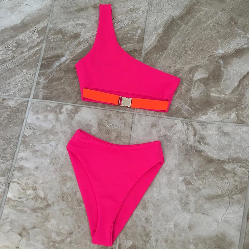 Бикини на одно плечо 2019 mujer Высокая талия Купальник с застежкой пуш-ап