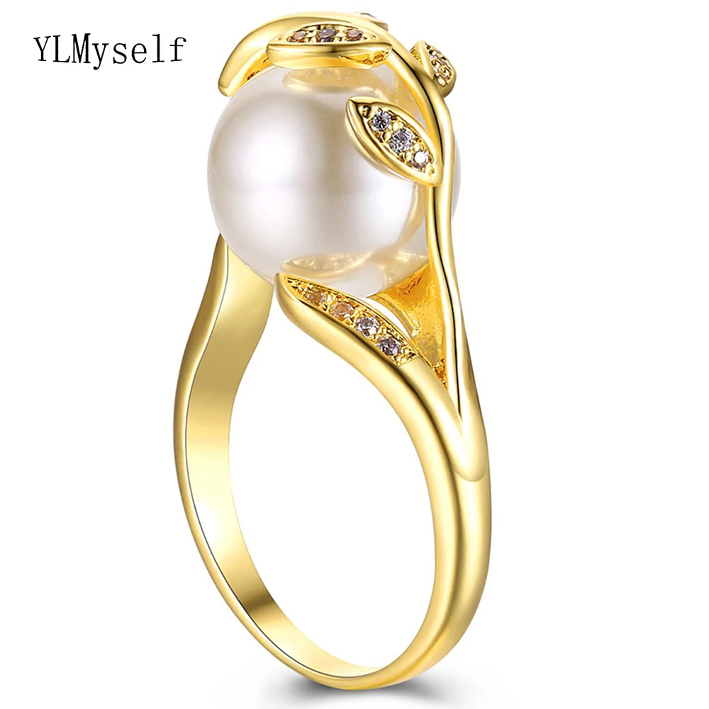 

Hot sale Gold Color Ring Pearl & cubic zircon Women jewelry Dropshipping anel anillos aneis femme Cheap leaf finger rings