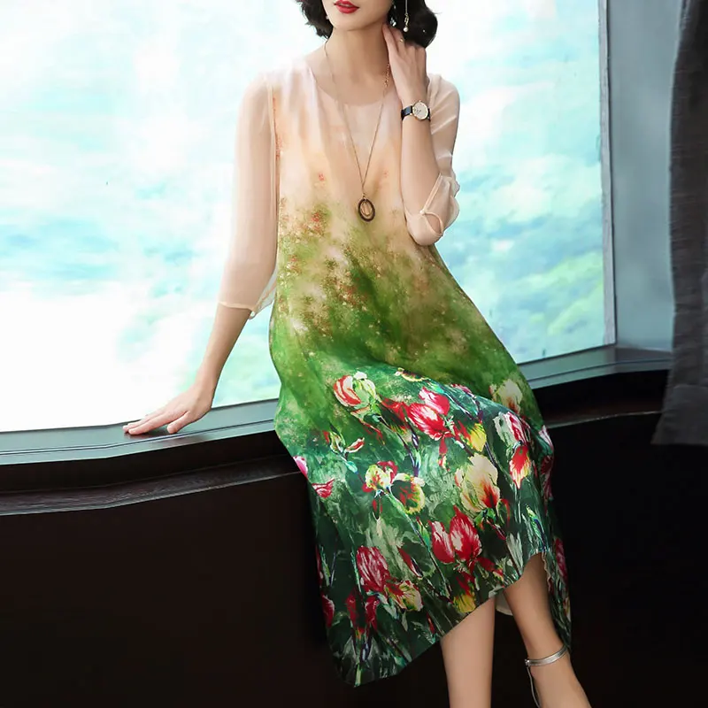 Женское платье из искусственного шелка зеленое винтажное длинное миди с рукавом