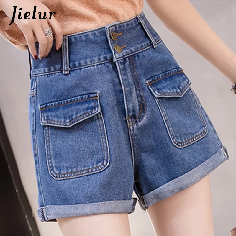 Jielur Pockets Blue Jeans Female Summer 2019 New Plus Size Slim Short Women Simple Vintage S-5XL College Kpop Denim Shorts |