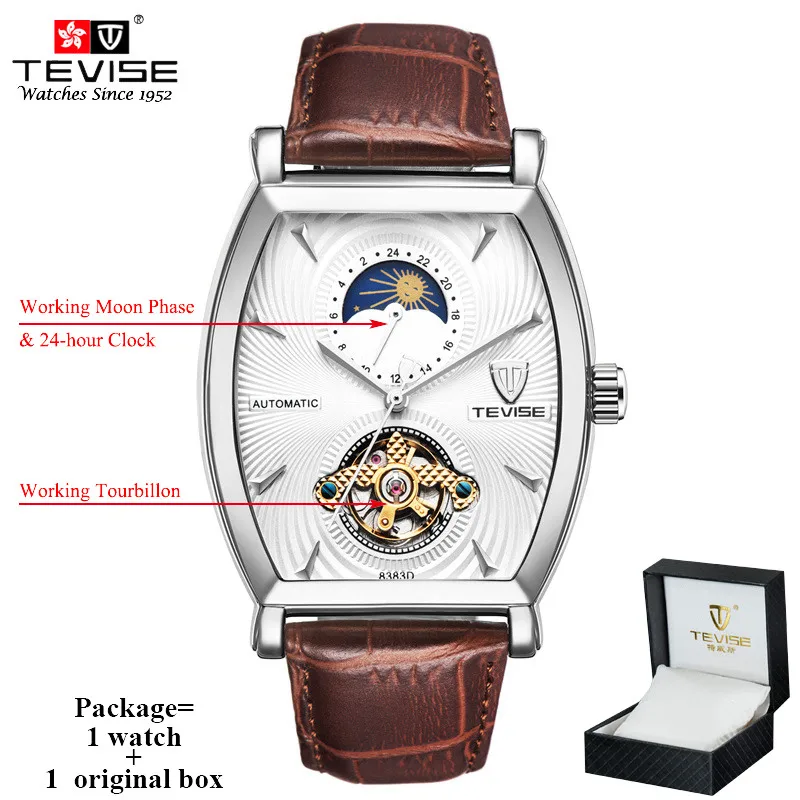 brown 2 Tevise механические Автоматические часы для мужчин бизнес Tourbillon Топ люксовый бренд Relojes Hombre кожа Moon Phase часы 8383D - Цвет: brown 2