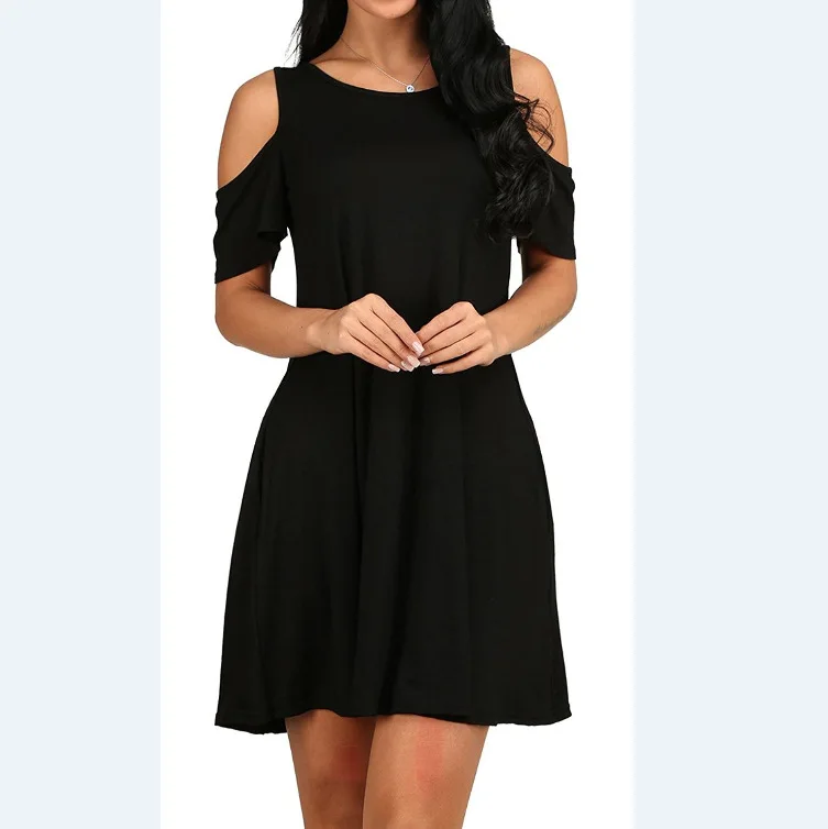 Летнее женское платье миди OCQBI с круглым вырезом открытыми плечами и коротким