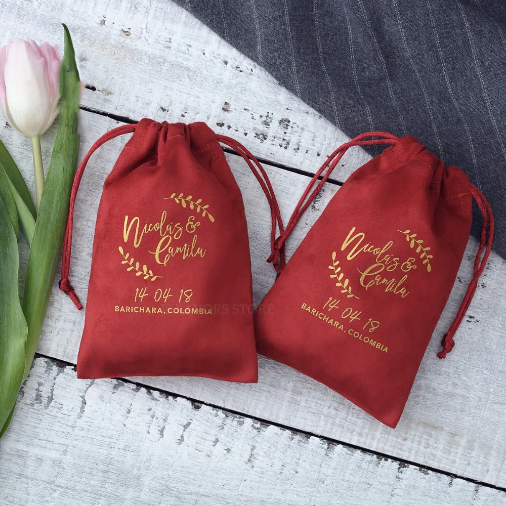 

free shipping customized logo 100pcs Red flannel Drawstring Wedding Birthday Christmas event party favors chocolate Candy Bag