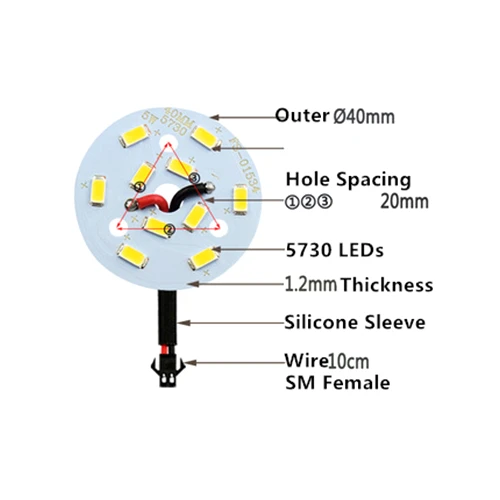 

5Pcs SMD 5730 5W 40mm White Light LED Lighting Board Pannel Source Beads Aluminum Plate Base With SM Female Plug