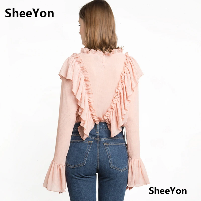 Shirts Flare long Sleeves 2017 Spring Autumn new Chiffon Ruffles shirt female loose sweet Blouses Ladies SY15SXF80 |