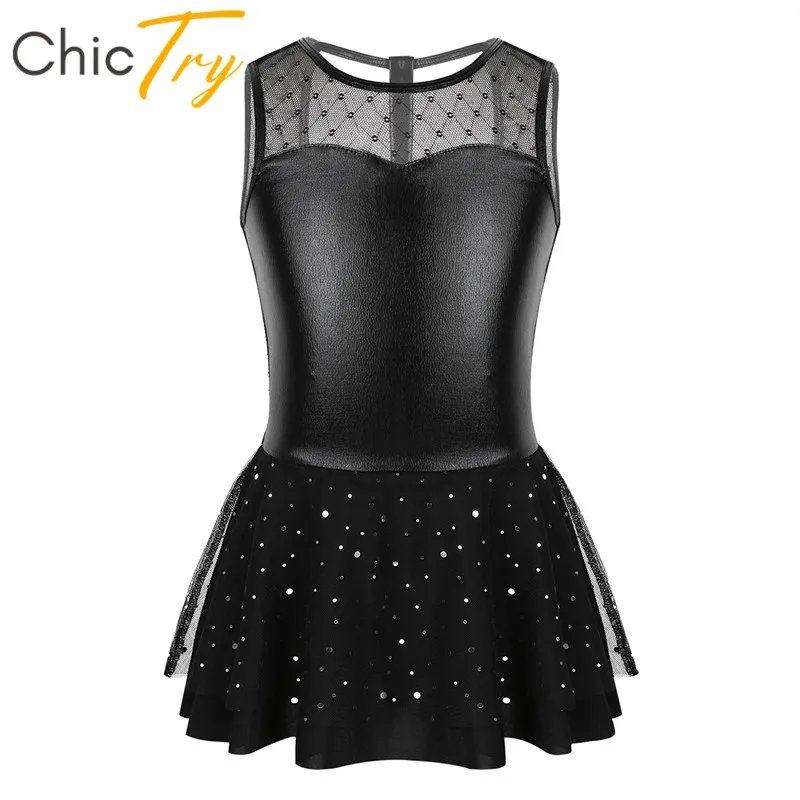 

ChicTry Kids Teens Metallic Mesh Splice Ballet Tutu Gymnastics Leotard Dress Children Girls Figure Skating Glitter Dance Costume