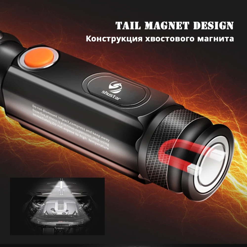 Многофункциональный светодиодный светильник-вспышка с USB, внутри перезаряжаемый аккумулятор, мощный фонарь T6, боковой COB светильник, дизайнерский светильник-вспышка, задний магнит