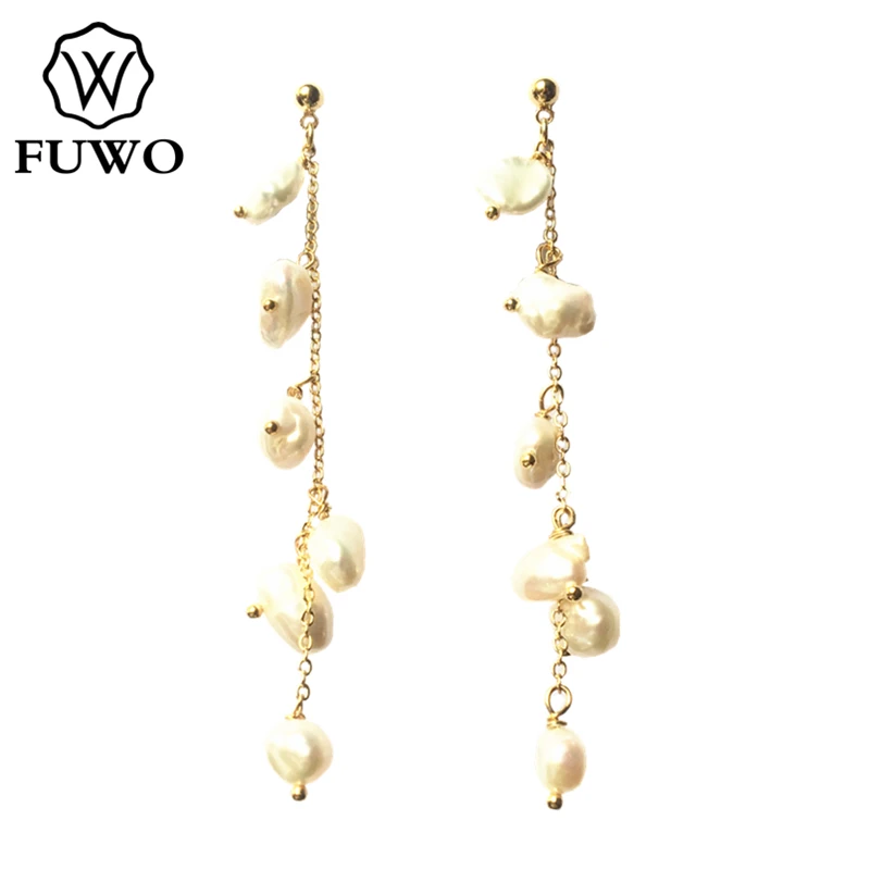 

FUWO Fashion Irregular Pearl Earrings with Gold Chain Natural Freshwater Pearl Earrings Women Beach Holiday Jewelry ER532