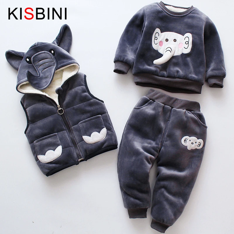 

KISBINI Toddler Kids Winter Clothes For Boys Girl 3PCS Vest+Sweatershirt+Pants Elephant Design Thick Fleece Children Clothes Set