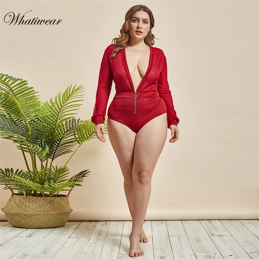 Whatiwear плюс размер с длинным рукавом Кружевное боди прозрачное Женское боди сексуальное боди женские Комбинезоны Глубокий V натуральные боди