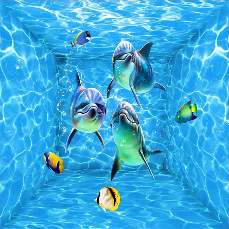 3d обои современный пляж глубокая синяя морская вода рябь плавающие дельфины