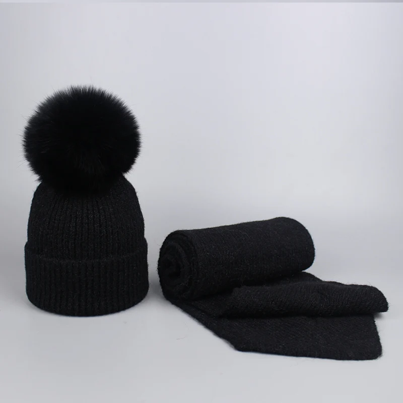 J Для девочек Pom Beanie теплая вязаная Bobble меховым помпоном шапка и шарф комплект натуральным лисьим мехом помпоном зимняя шапка skullies - Цвет: J