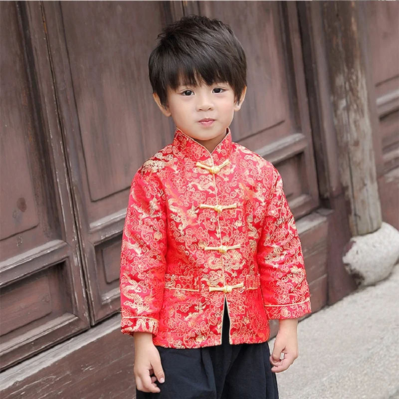 

2021 New Year Festival Children Coats Quilted Boys Tang Clothes Costumes Baby Boys Jackets Red Dragon Outfits Outerwear