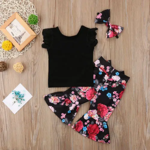 Топы с кружевными рукавами для маленьких девочек футболка штаны цветочным