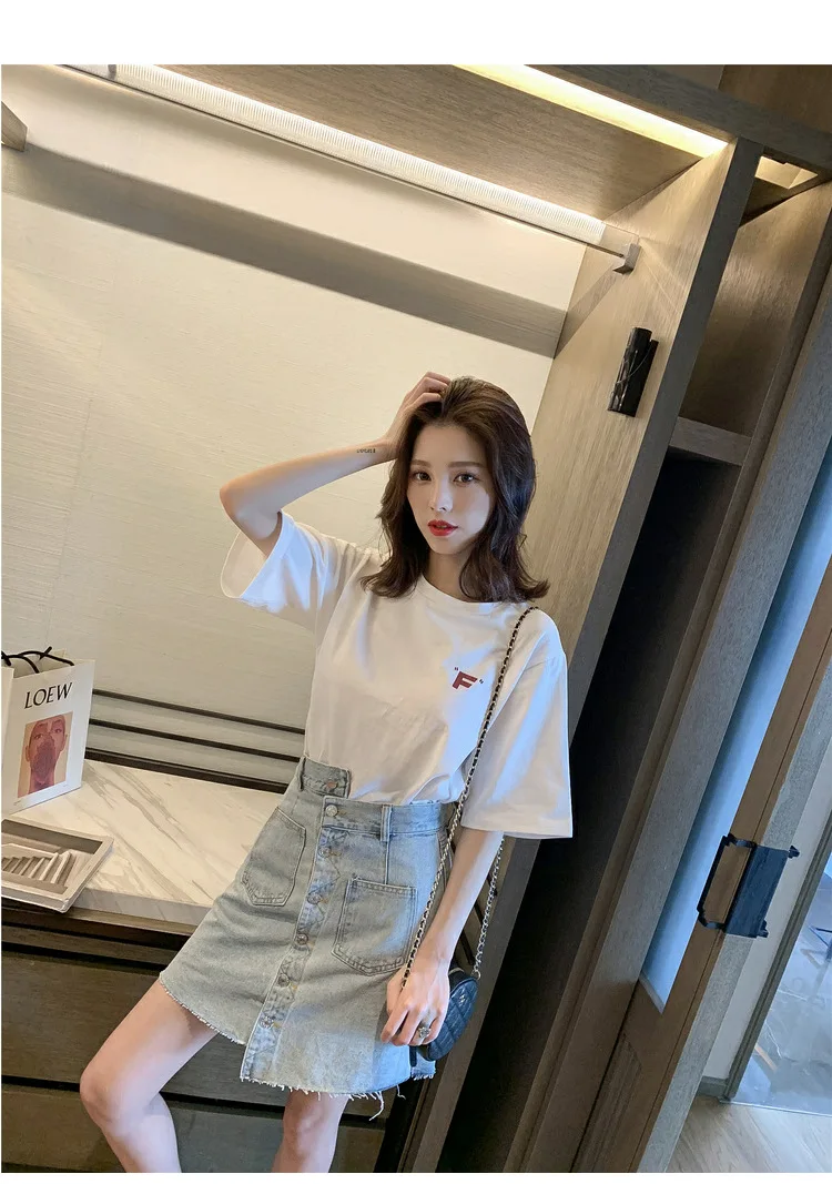 2020 summer new Korean web celebrity short-sleeved T-shirt + irregular denim skirt set for two pieces |
