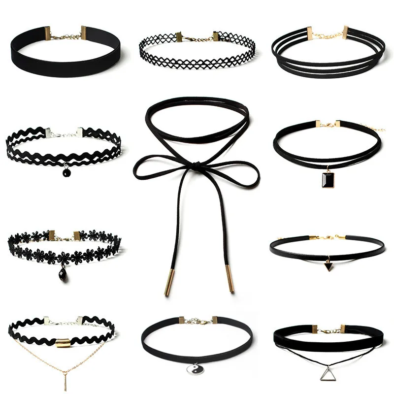 11 pcs as picture 4-15 шт./компл.; готическая обувь в стиле «панк»; вельветовое тату, платье с кружевом и сеткой Цепочки и ожерелья длинный кулон ювелирные изделия женский, Черный колье воротник Цепочки и ожерелья s - Окраска металла: 11 pcs as picture