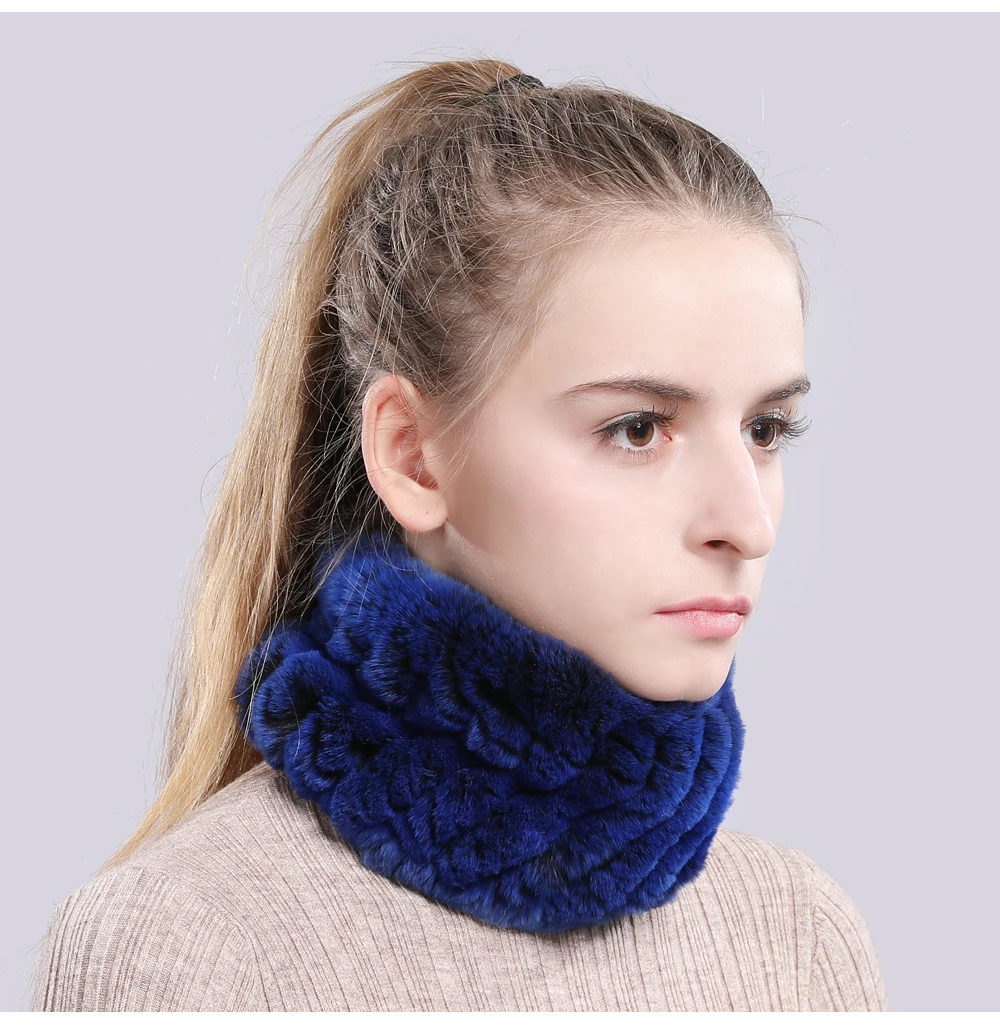 Women Real Fur Handmade Stretch Fur Scarf Knit Genuine Rex Rabbit Fur Headbands Girls Natural Fur Ring Cowl Snood Scarves Winter