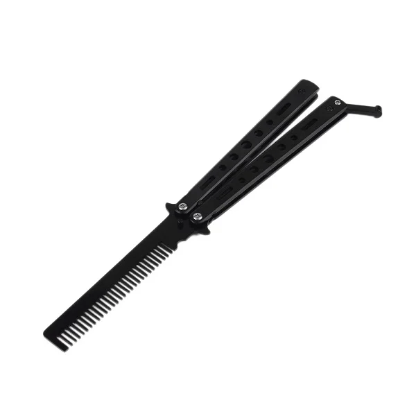 Butterfly Knife Comb Салон из нержавеющей стали складной тренировочный стиль Бабочка нож Расческа Инструменты для укладки черный/серебристый крутая щетка для волос - Color: Butterfly Knife Comb