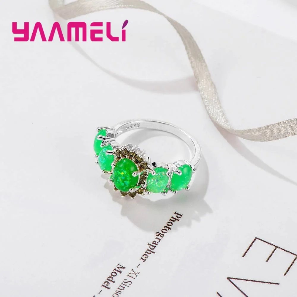 Модные женские 100% натуральные кольца из стерлингового серебра 925 пробы пять зеленых круглых фианитов