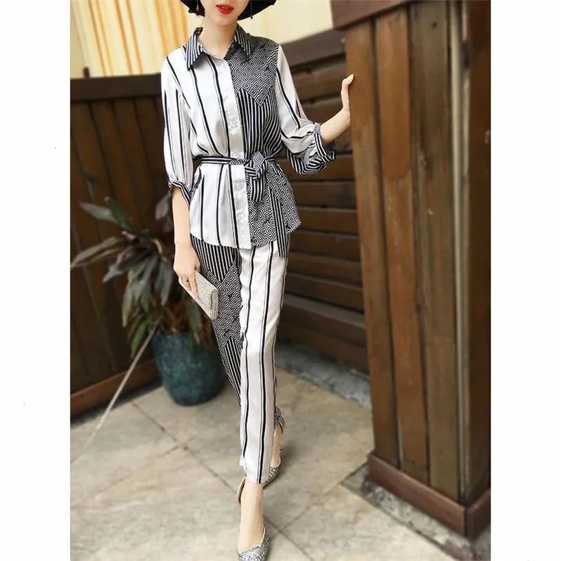Spring Striped 2 Piece Set Women Office Lady Two Outfits Conjunto Feminino Ensemble Femme Deux Pieces Woman Suit | Женская одежда
