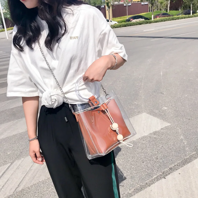 Прозрачный Drawstring девушки милые композитный мешок модные женские туфли Брендовые