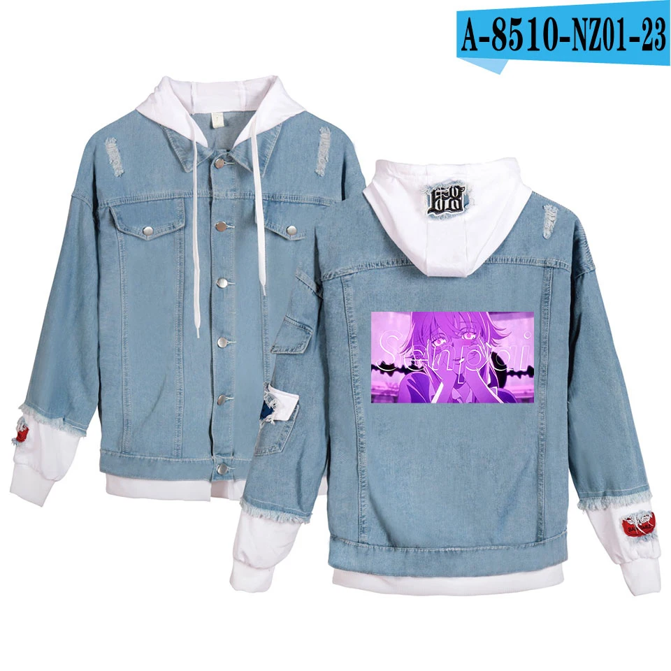 Senpai Women Denim Jacket Girls Casual Ripped Hole Jeans Coat Female Plus Size Hooded Outerwear Spring Autumn Jackets