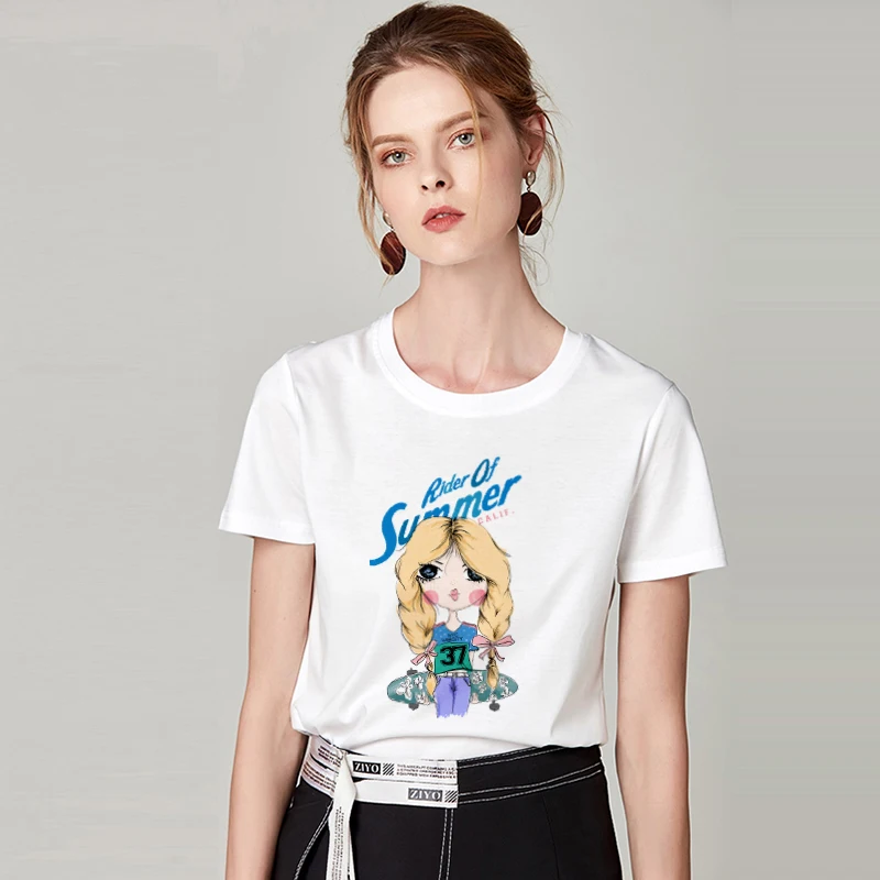 

T shirt Women Hand drawn beauty Printed Harajuku T-shirt 2019 New summer Tshirt O-neck Short Sleeve White Tops Female Clothing